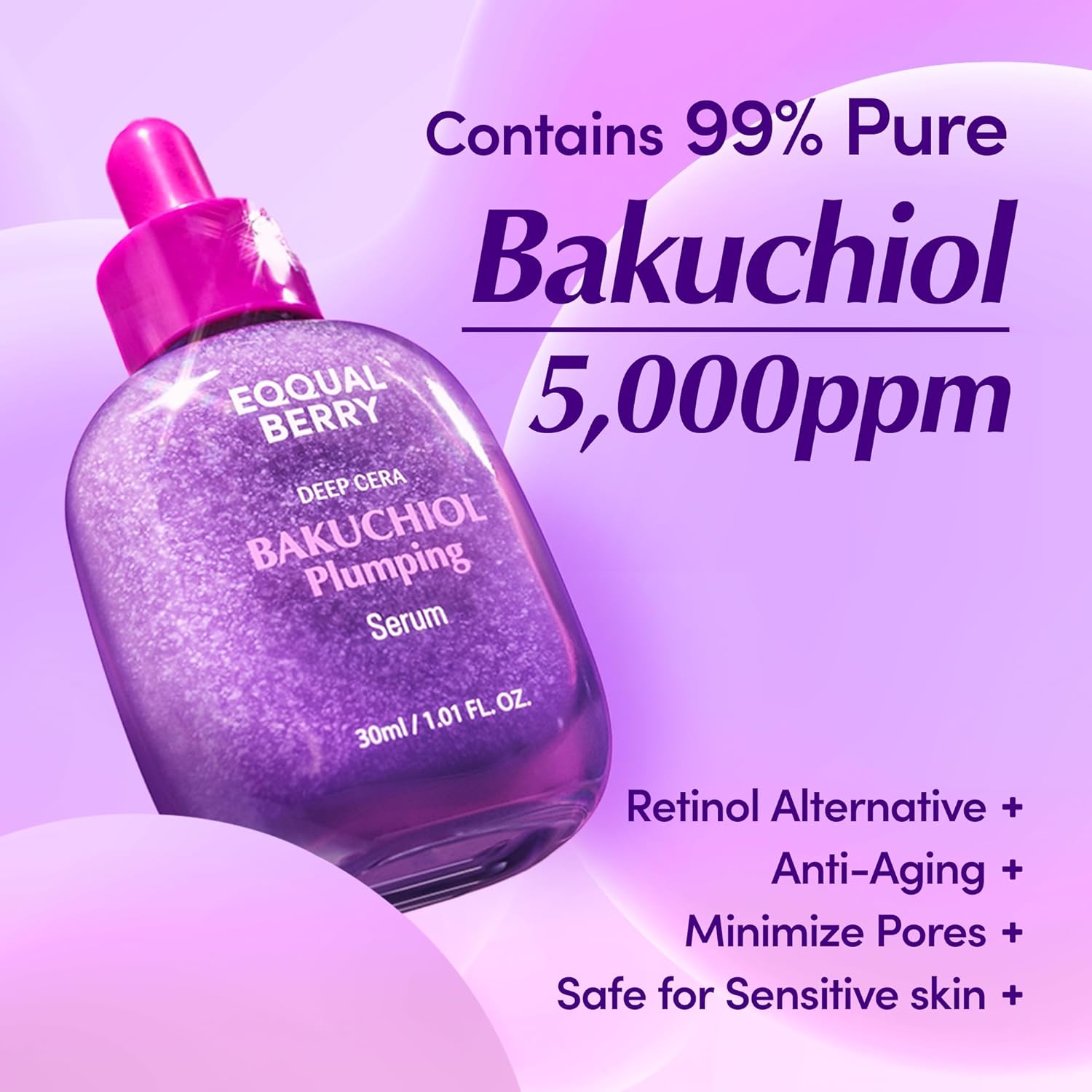 EQQUALBERRY Bakuchiol Plumping Serum – Pore and Wrinkle Minimizer with Bakuchiol | Retinol Alternative for Sensitive Skin | Enhances Firmness and Elasticity with Ceramide and Peptides, 1.01Oz / 30Ml