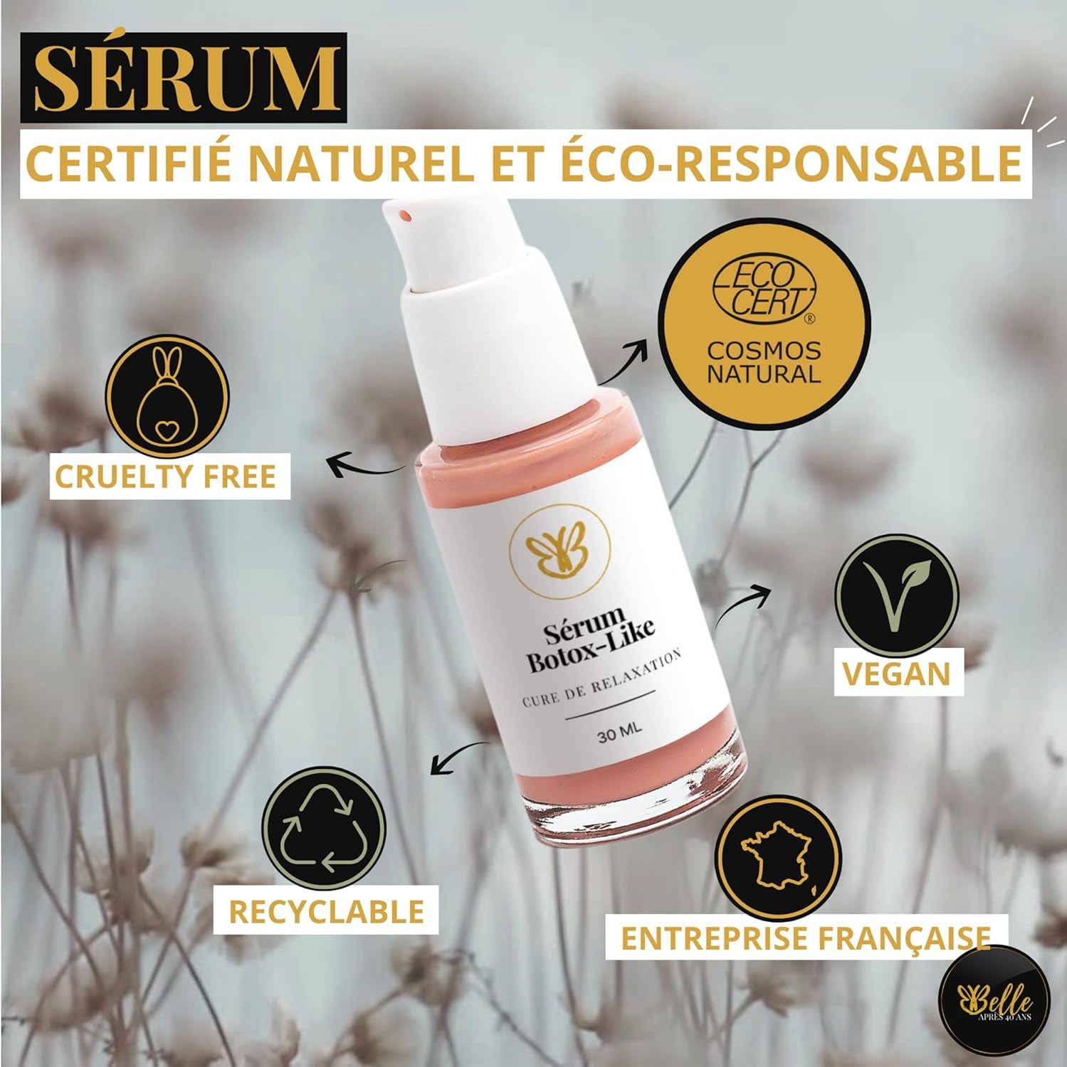 Sérum Botox-Like – Certifié Ecocert – 100% Naturel – Liftant, Lissant & Raffermissant – Anti-Rides Visage, Yeux & Cou – Peau Mature